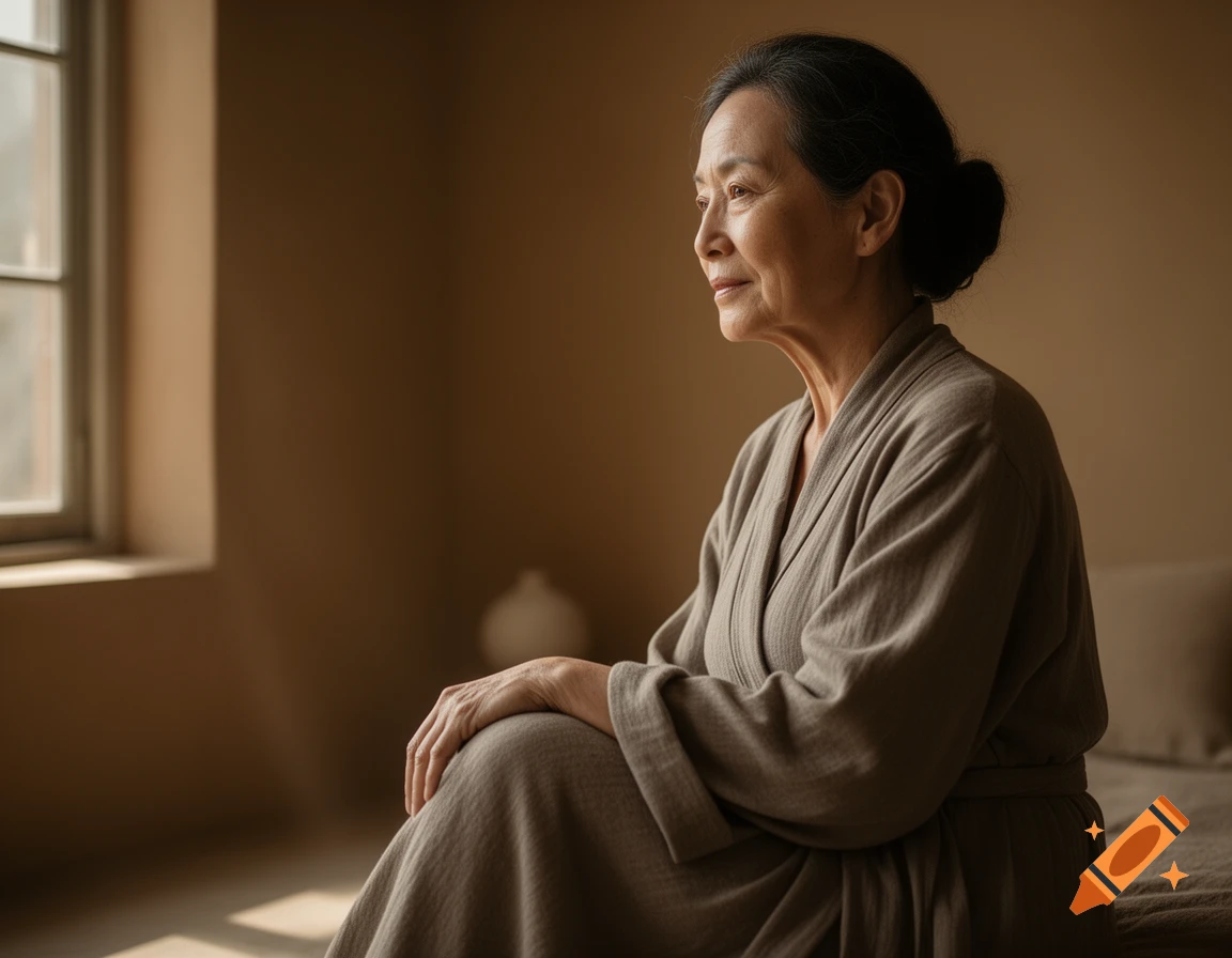 An older Asian woman in a robe sits on a bed, looking out a window in a softly lit room.