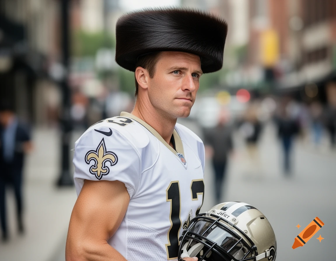 A man resembling Drew Brees in a New Orleans Saints jersey and a large fur hat, holding a football helmet, stands on a city street.