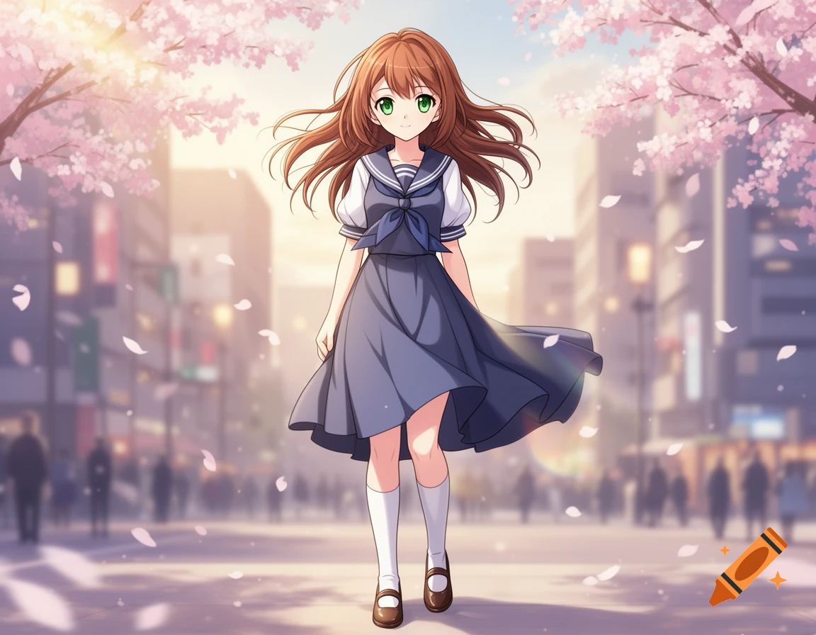 An anime girl with brown hair and green eyes in a blue and white sailor school uniform walks on a city street lined with cherry blossoms.