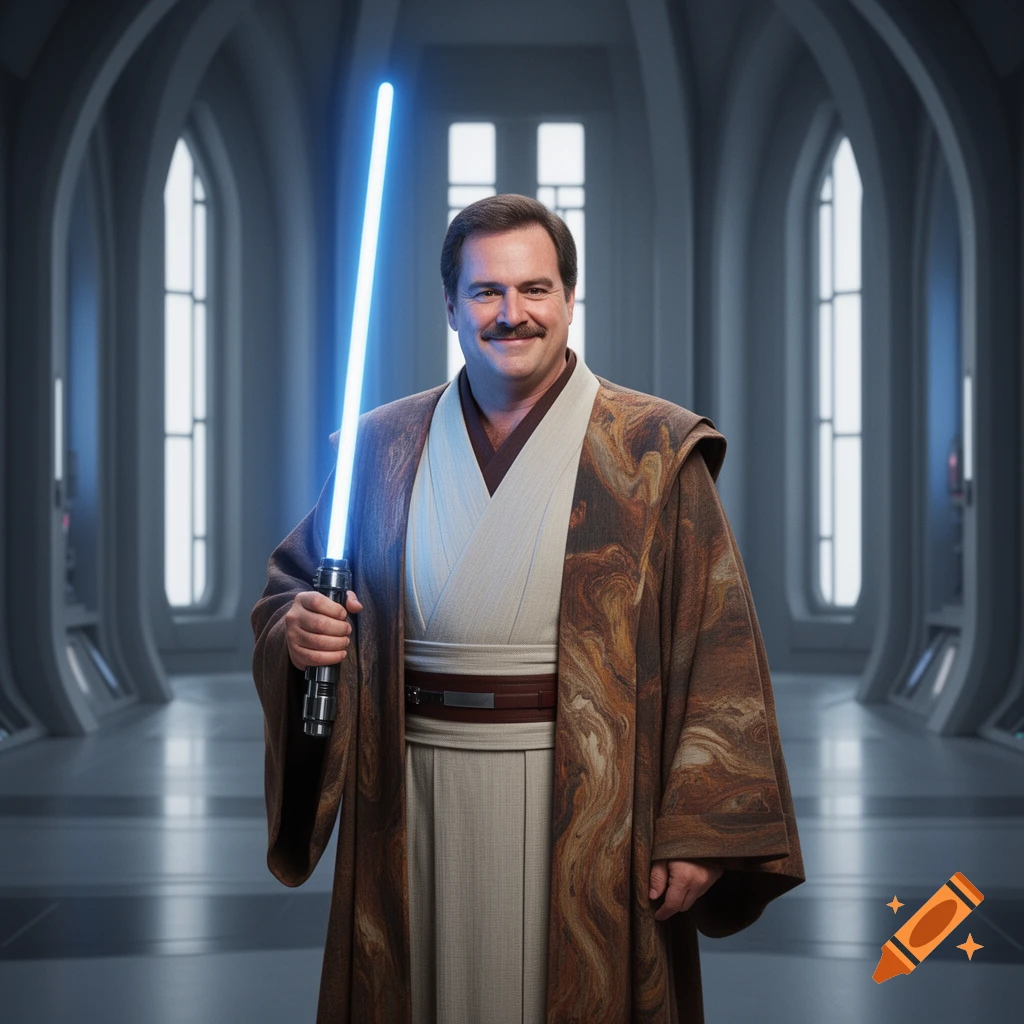 A man resembling Al Bundy, dressed as a Jedi Knight, holding a blue lightsaber in a futuristic corridor.