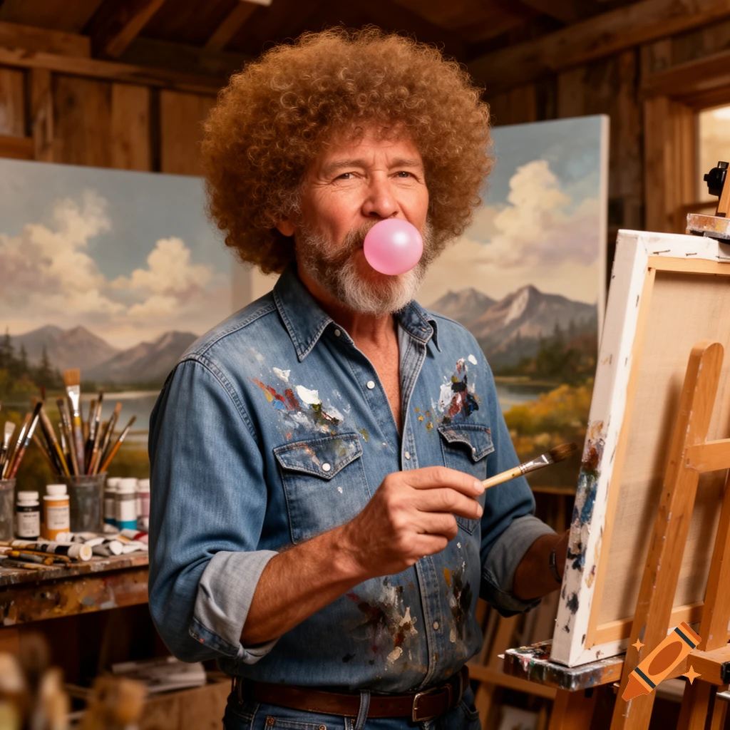 Bob Ross, with an afro and beard, blowing a pink bubble gum bubble while holding a paintbrush in an art studio.