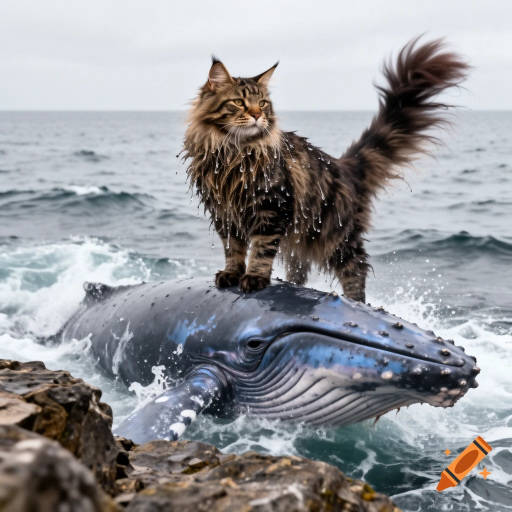 A wet, fluffy Maine Coon cat stands on a breaching whale in rough ocean waters, with rocks in the foreground.