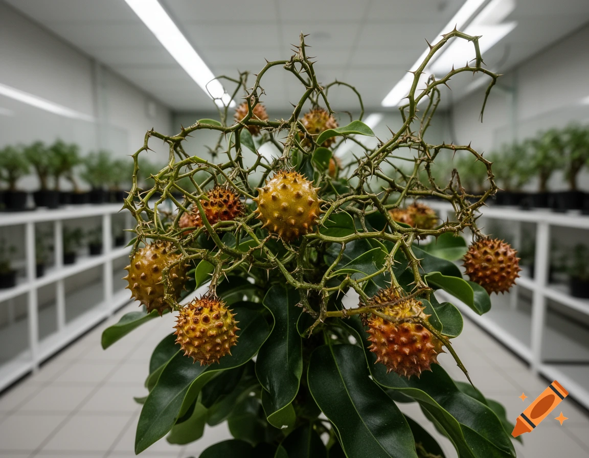 Close-up of a unique plant with spiky yellow-orange fruits and thorny branches in a sterile lab.