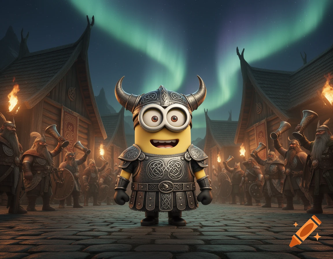 A Minion in detailed Viking armor stands on cobblestones in a festive Viking village under the Northern Lights, surrounded by other Vikings.