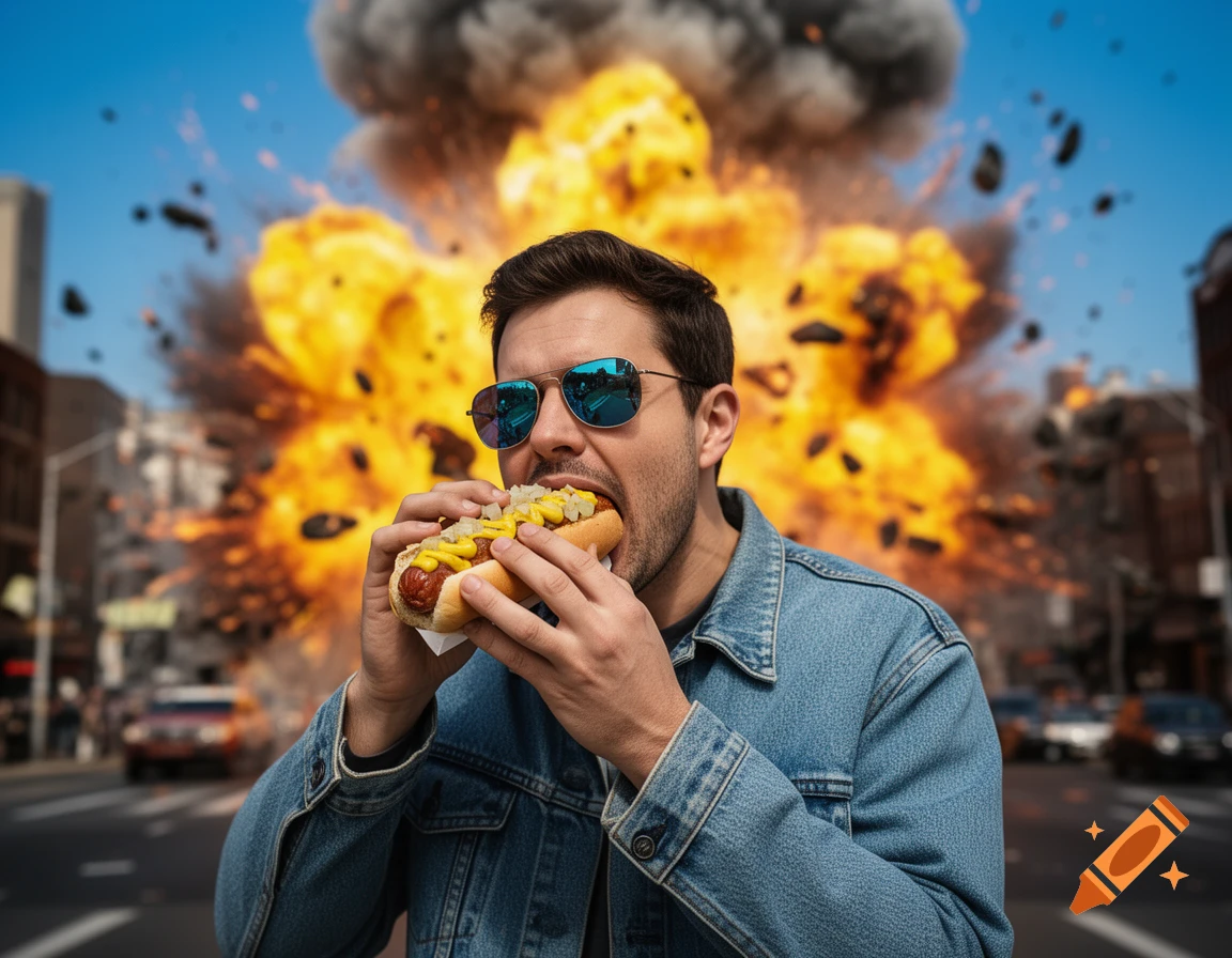 Man in sunglasses and denim jacket eats a hotdog on a city street with a large explosion behind him.