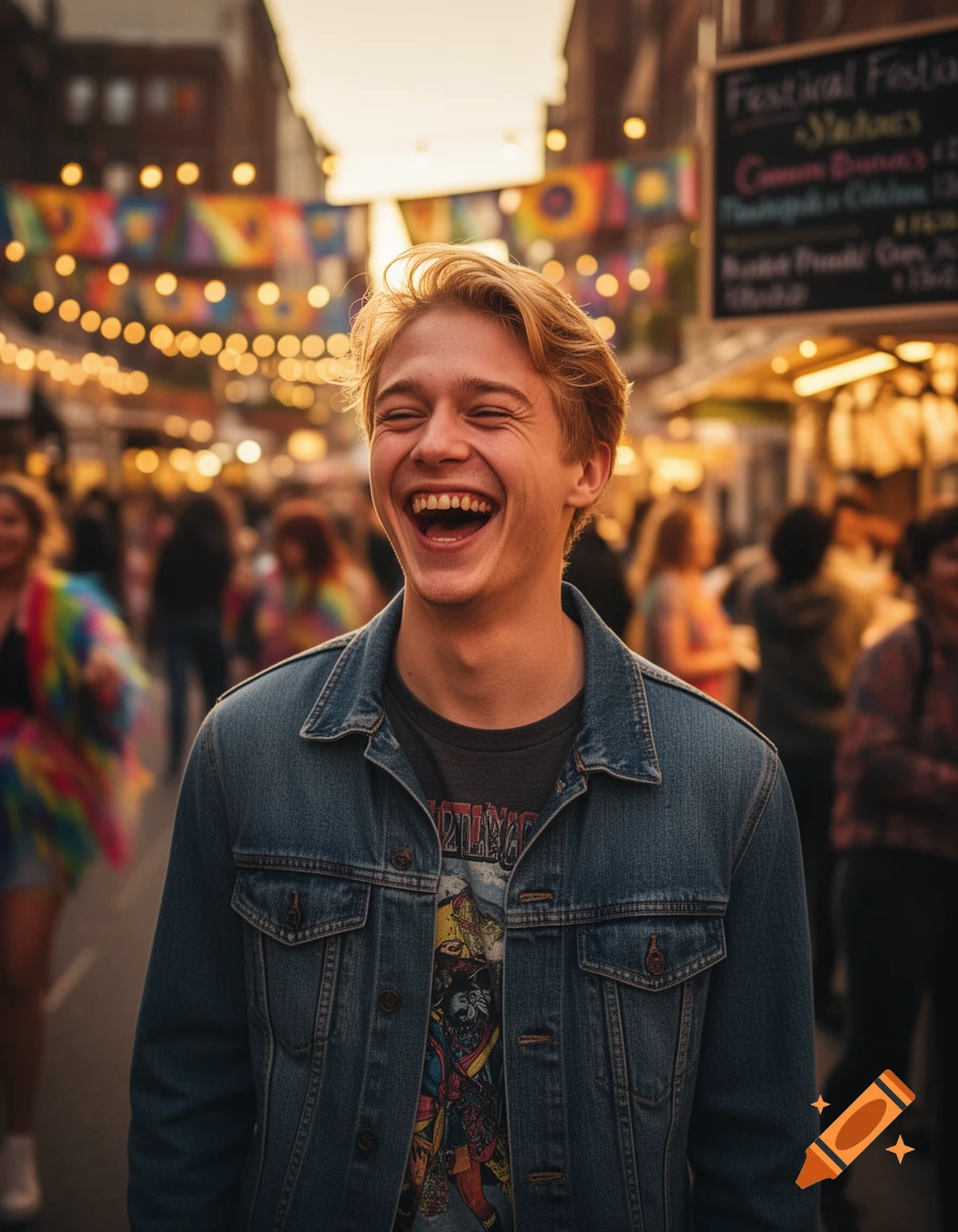 A laughing blond young man in a denim jacket at a sunny street festival, with blurred colorful banners and lights in the background.