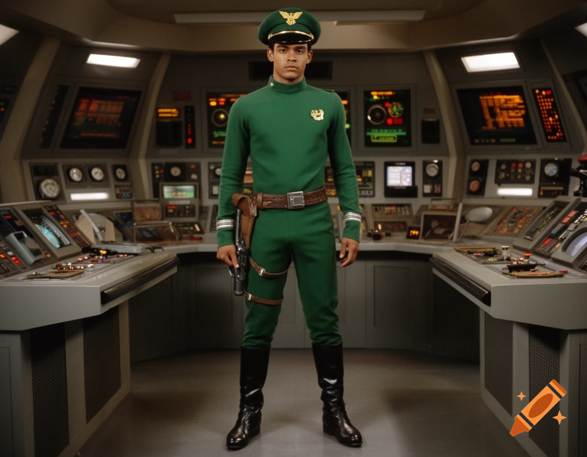 A man in a green military uniform and hat stands holding a blaster on a 1970s-style spaceship bridge.
