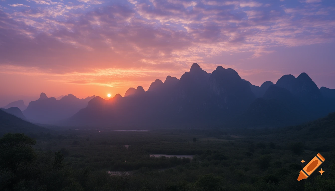Vibrant purple and orange sunset over silhouetted jagged mountains and a dark, tree-filled valley.