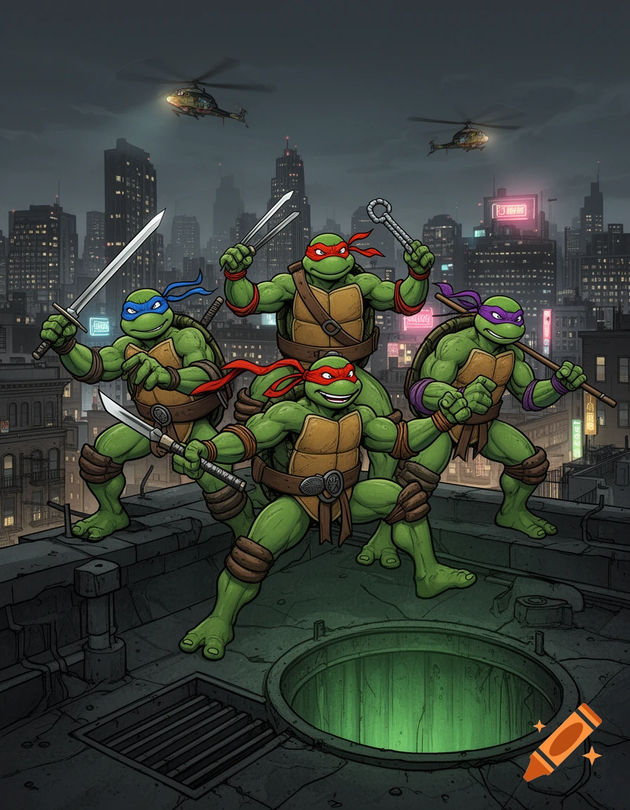 Four Ninja Turtles pose heroically on a rooftop with weapons, a glowing manhole, and a dark city skyline with helicopters and neon lights.