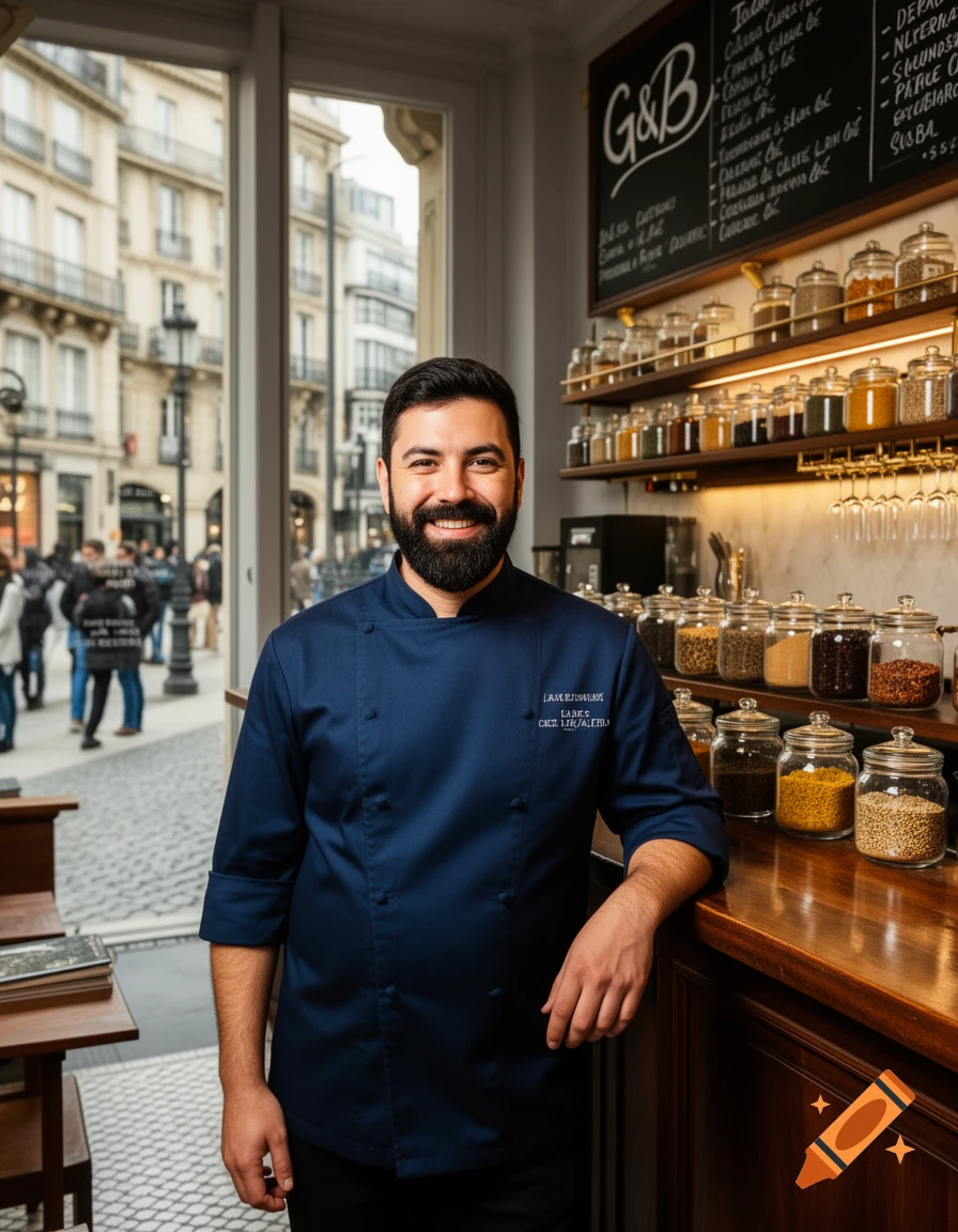 A smiling bearded man in a navy chef's jacket stands inside a shop, leaning on a wooden counter filled with spice jars. A street scene is visible through the window.