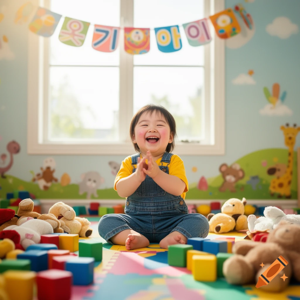 A happy baby with rosy cheeks claps their hands on a colorful playmat surrounded by toys in a bright playroom.