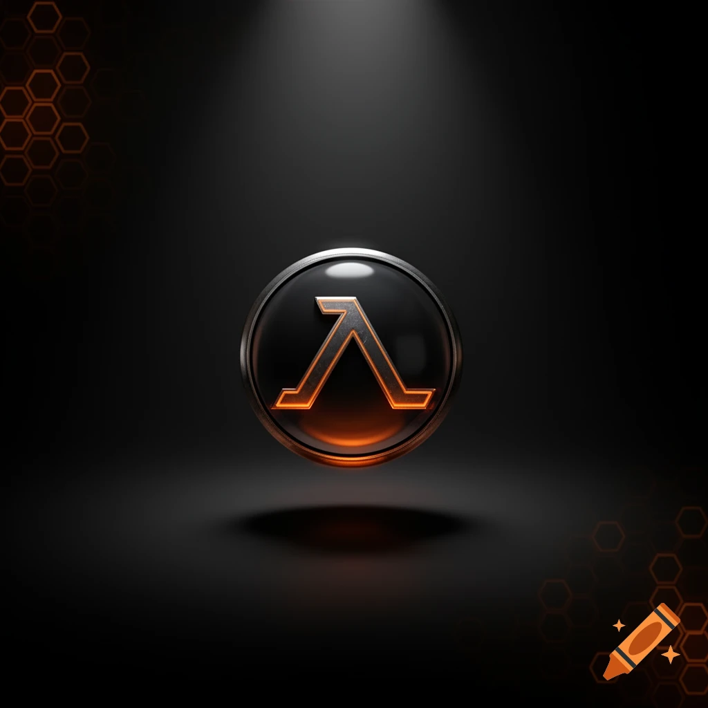 A 3D orange Half-Life lambda logo in a metallic circle, spotlighted on a dark background with hexagonal patterns.