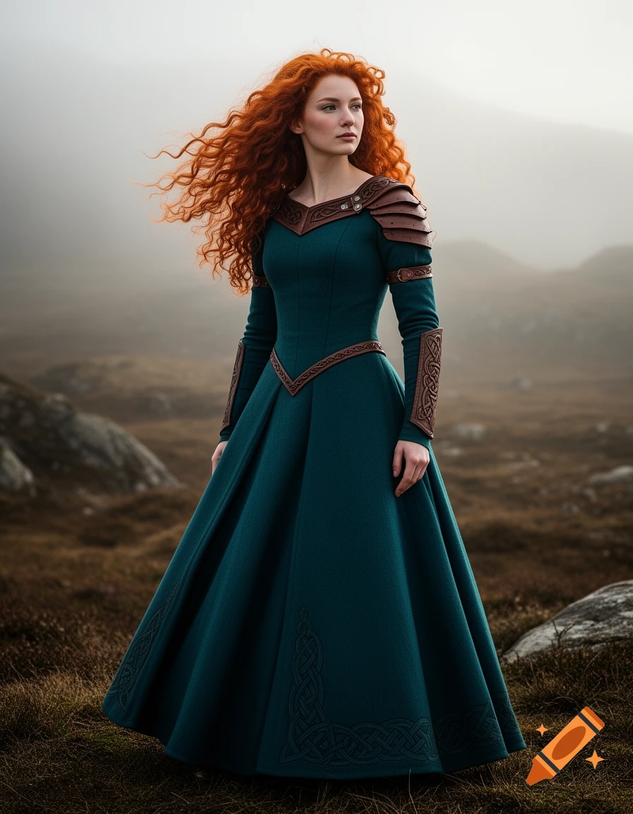 A red-haired woman in a deep teal dress with brown leather armor stands in a misty, rocky landscape.