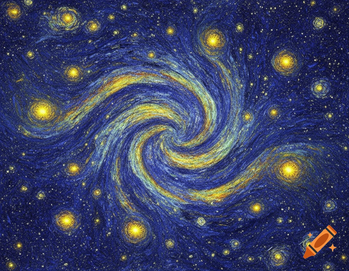 A swirling starry night sky in the style of Vincent van Gogh, with a central blue and yellow vortex and many bright stars.