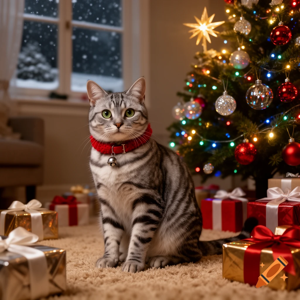 A grey tabby cat with green eyes and a red collar sits on a rug among Christmas presents next to a lit Christmas tree with a snowy window in the background.