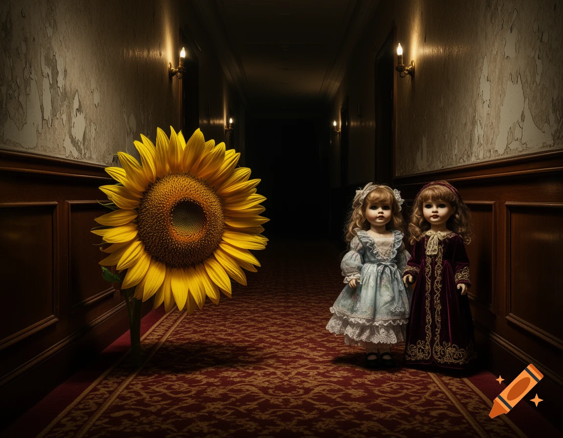Two lifelike dolls and an oversized sunflower stand in a dark, eerie hotel corridor with peeling wallpaper and ornate carpet.
