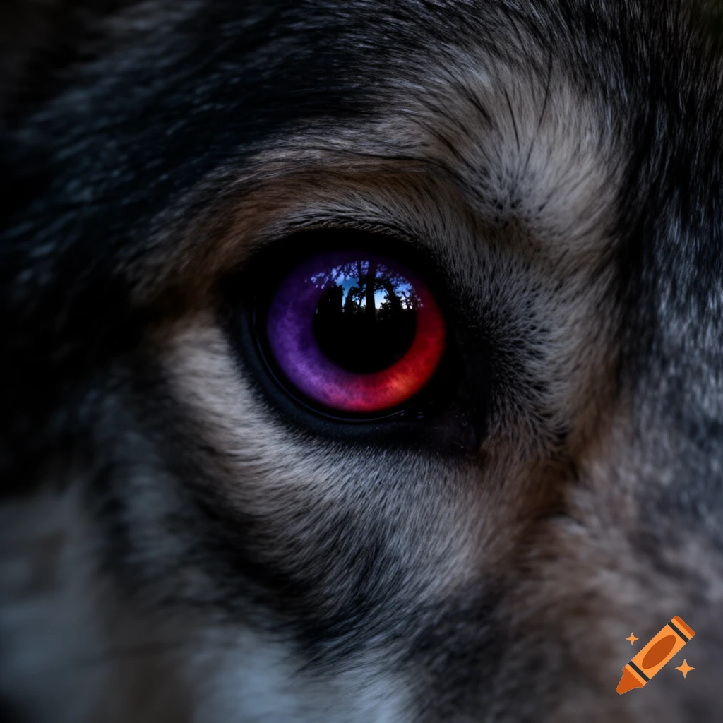 Close-up of a wolf's eye with a gradient purple and red iris, reflecting trees in the pupil, surrounded by detailed fur.