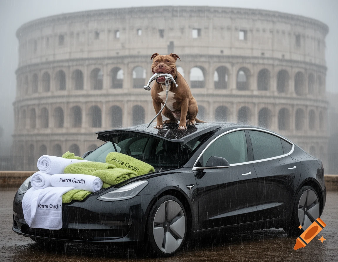 A brown American Bully dog holding a shower head on a black Tesla Model 3 covered in Pierre Cardin towels, with the rainy Colosseum in the background.