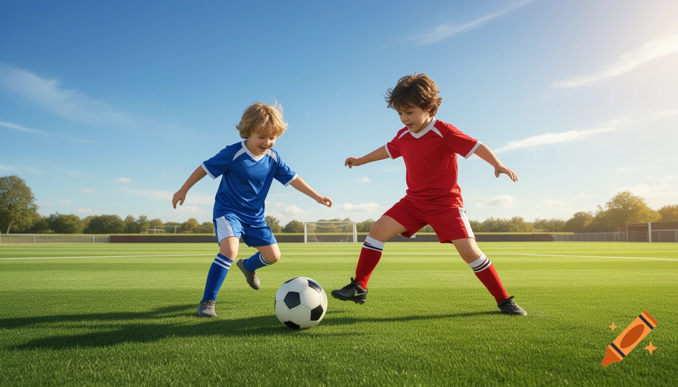 Two young boys in red and blue jerseys playing soccer on a sunny green field.