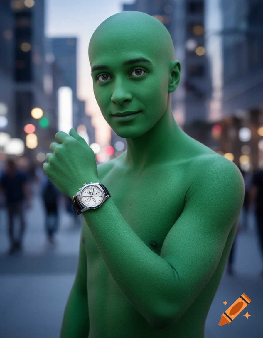 A shirtless, bald, green humanoid male with an analog watch stands in a city at dusk.