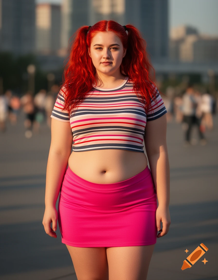 A young woman with red pigtails, wearing a striped crop top and a pink mini skirt, stands outdoors in a city setting. Photorealistic.