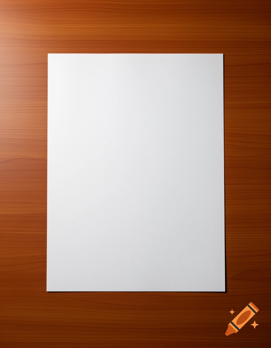 A blank white square sheet of paper lies flat on a polished brown wooden table.