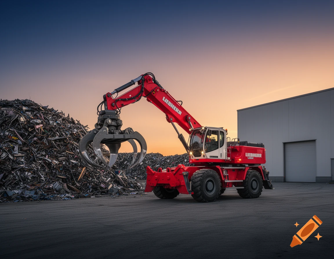 Red Liebherr LH80 material handler with a grapple arm at a scrap yard, against a sunset sky.