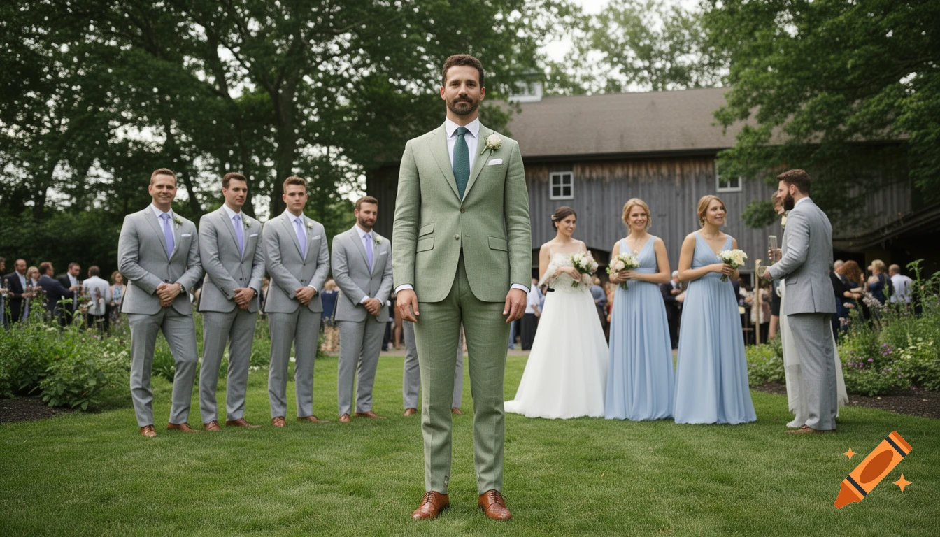 A photorealistic image of a groom in a sage suit and his wedding party, including groomsmen and bridesmaids, at an outdoor wedding.