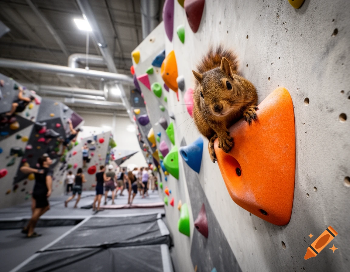 A photorealistic image of a brown squirrel clinging to an orange climbing hold on a bouldering gym wall, with blurred climbers in the background.