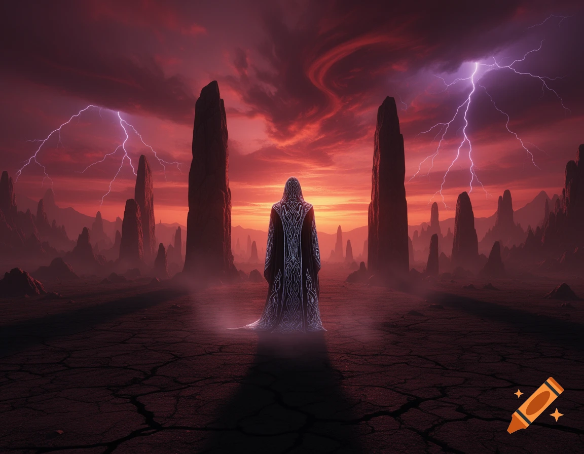 A robed figure stands in a desolate cracked landscape under a stormy red and purple sky with lightning and large monoliths.