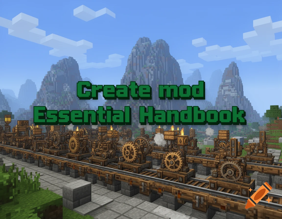 Minecraft-style landscape with steampunk machinery and blocky mountains, featuring the text 'Create mod Essential Handbook'.