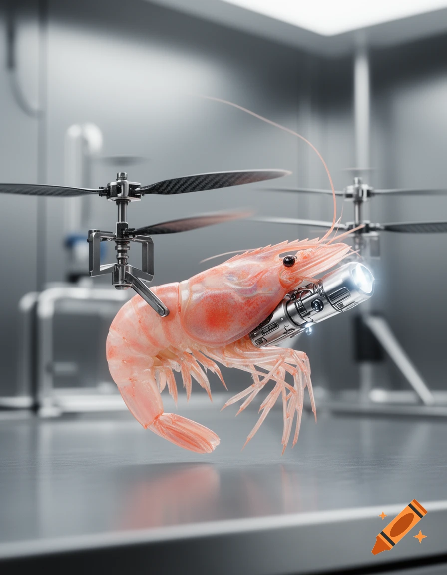 A photorealistic shrimp equipped with miniature helicopter blades and a robotic light attached to its underside, floating in a sterile lab setting.