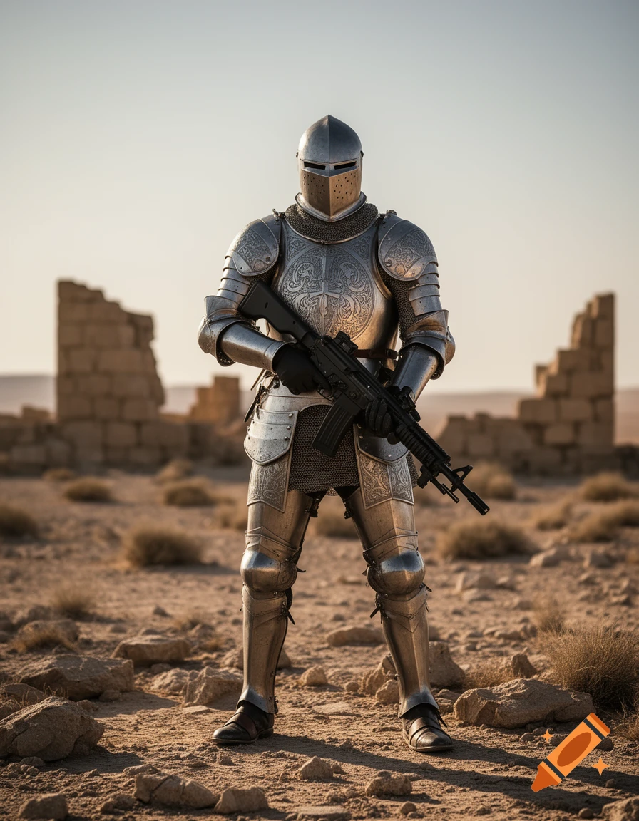 Photorealistic knight in full plate armor holding a modern assault rifle, standing in a desert with stone ruins.