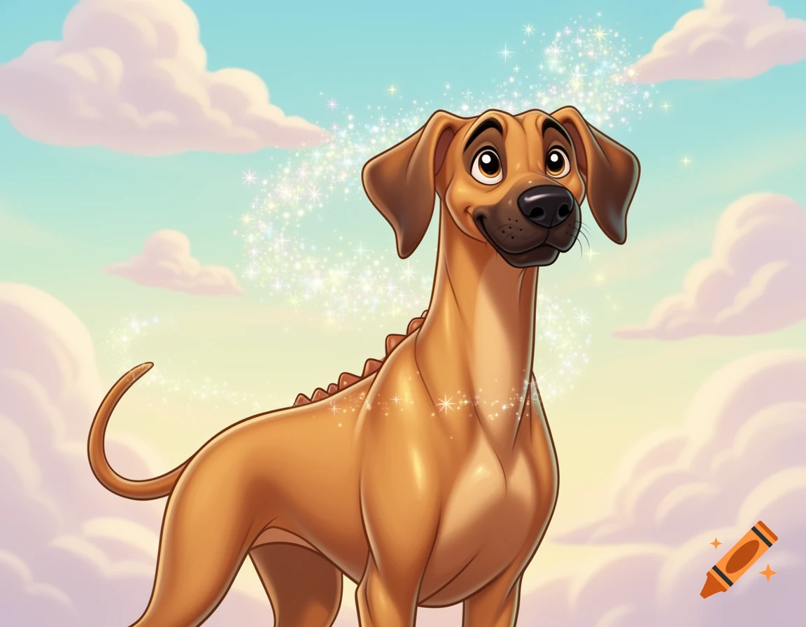 A happy cartoon female Rhodesian Ridgeback-like dog with small scales and sparkling dust on its back, against a cloudy sky.