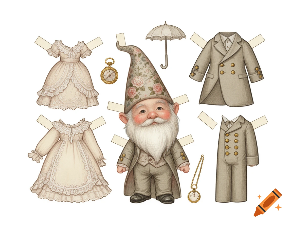 Victorian garden gnome paper doll with multiple outfits, an umbrella, and pocket watches on a white background.
