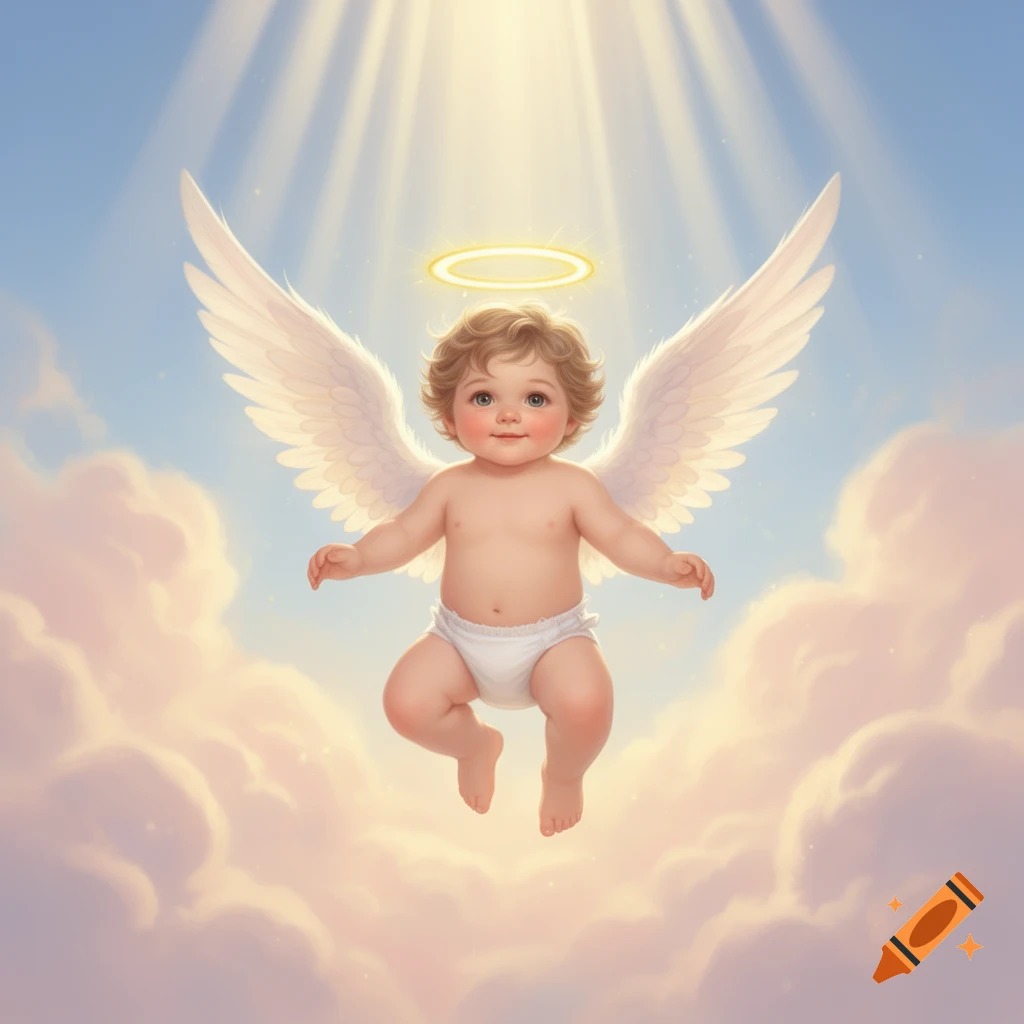 A cute, smiling baby angel with blonde hair, a halo, and white wings floats among soft clouds with light rays.