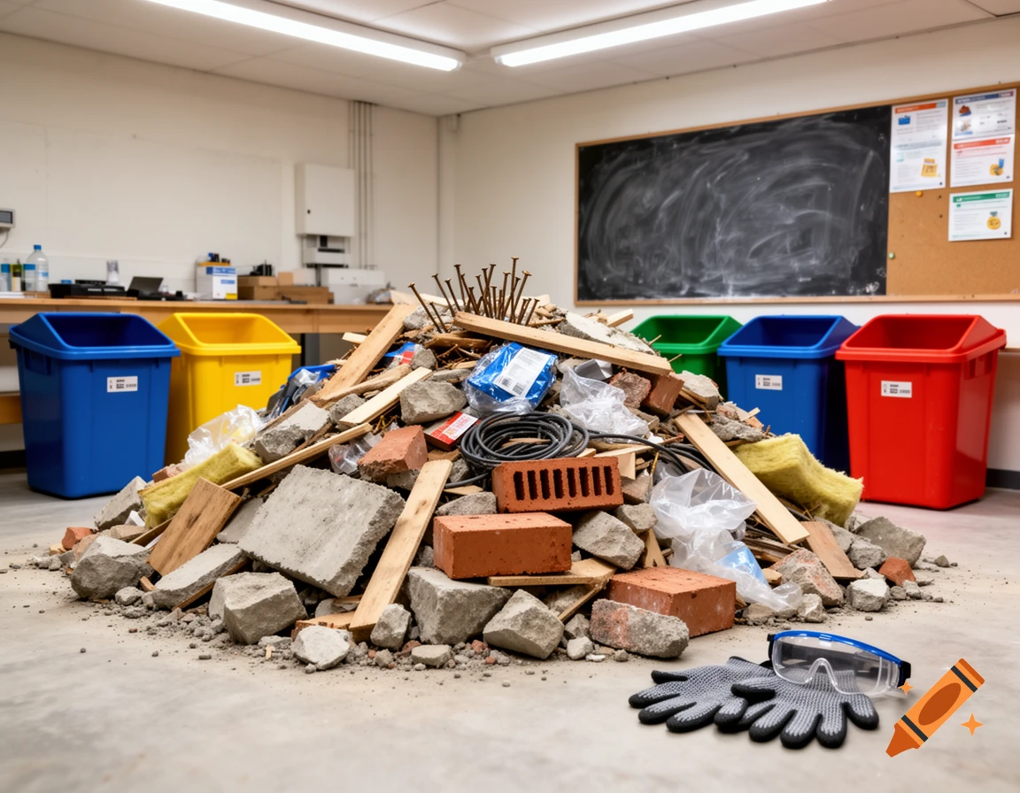 A large pile of construction debris sits on a concrete floor next to colorful recycling bins, with safety glasses and gloves in the foreground.