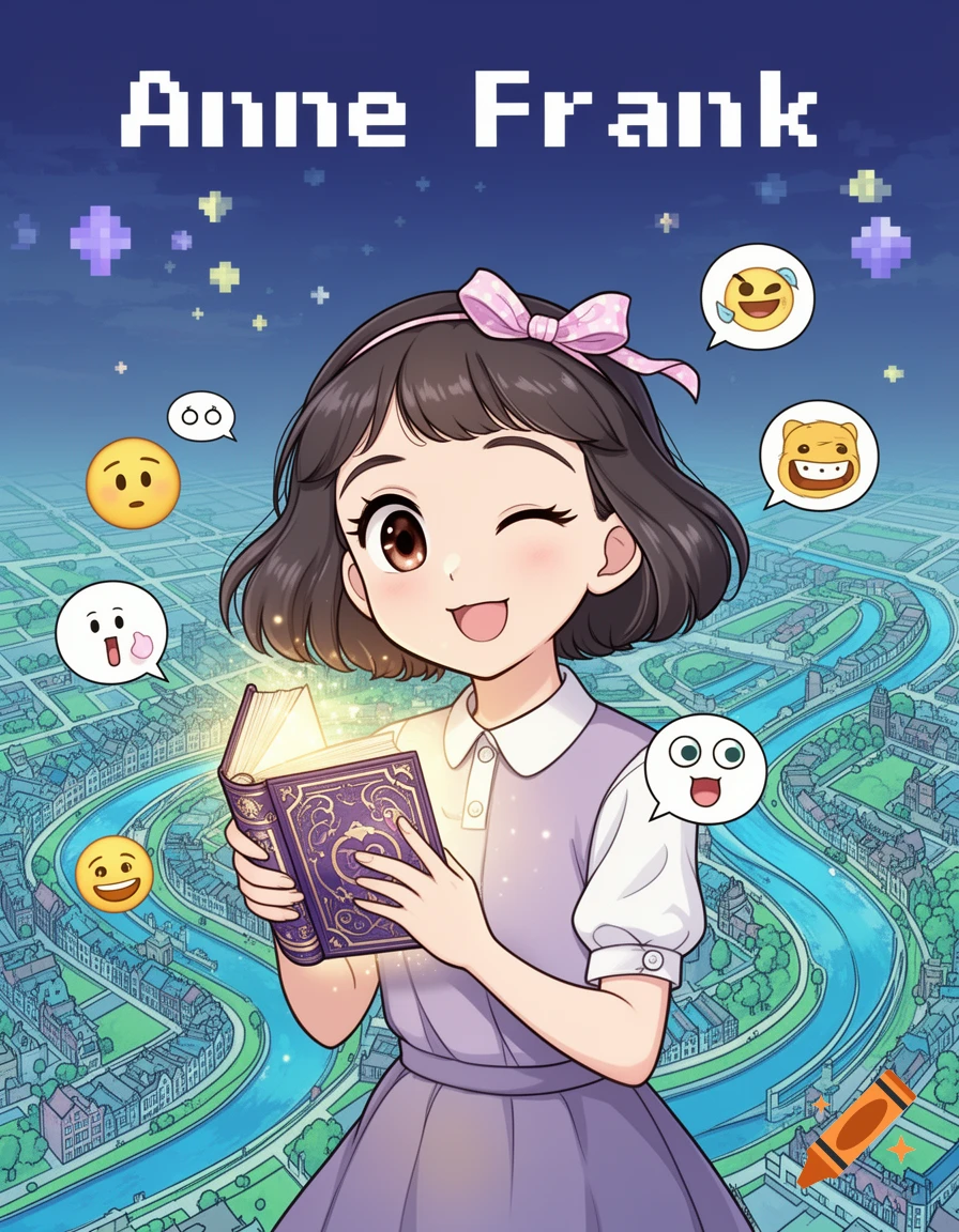 Anime girl winks while holding a glowing book under pixelated text 'Anne Frank' with city and emojis in background.