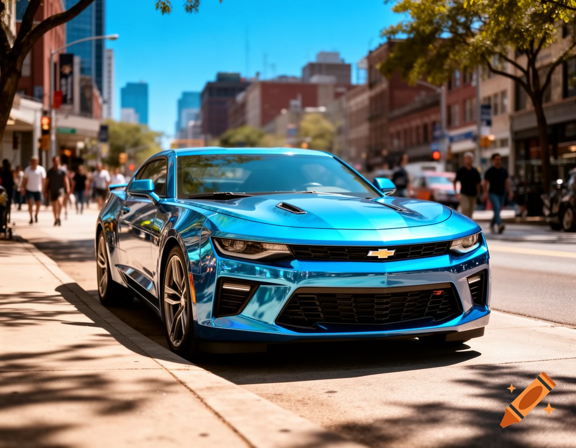 A shiny bright blue metallic Chevrolet Camaro sports car parked on a sunny city street sidewalk with blurred people and buildings in the background.