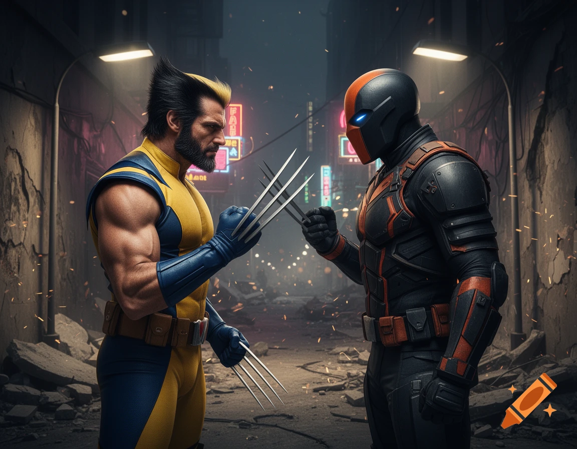 Wolverine and a masked figure resembling Deathstroke stand ready for a fight in a ruined city alley with neon signs, photorealistic style.