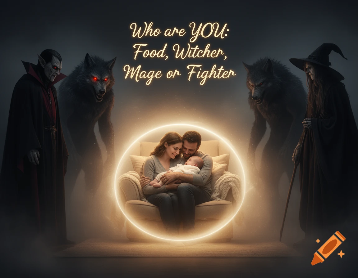 Parents holding a baby in a glowing aura, surrounded by dark fantasy creatures like a vampire, werewolf, and witch. Text reads: 'Who are YOU: Food, Witcher, Mage or Fighter'.