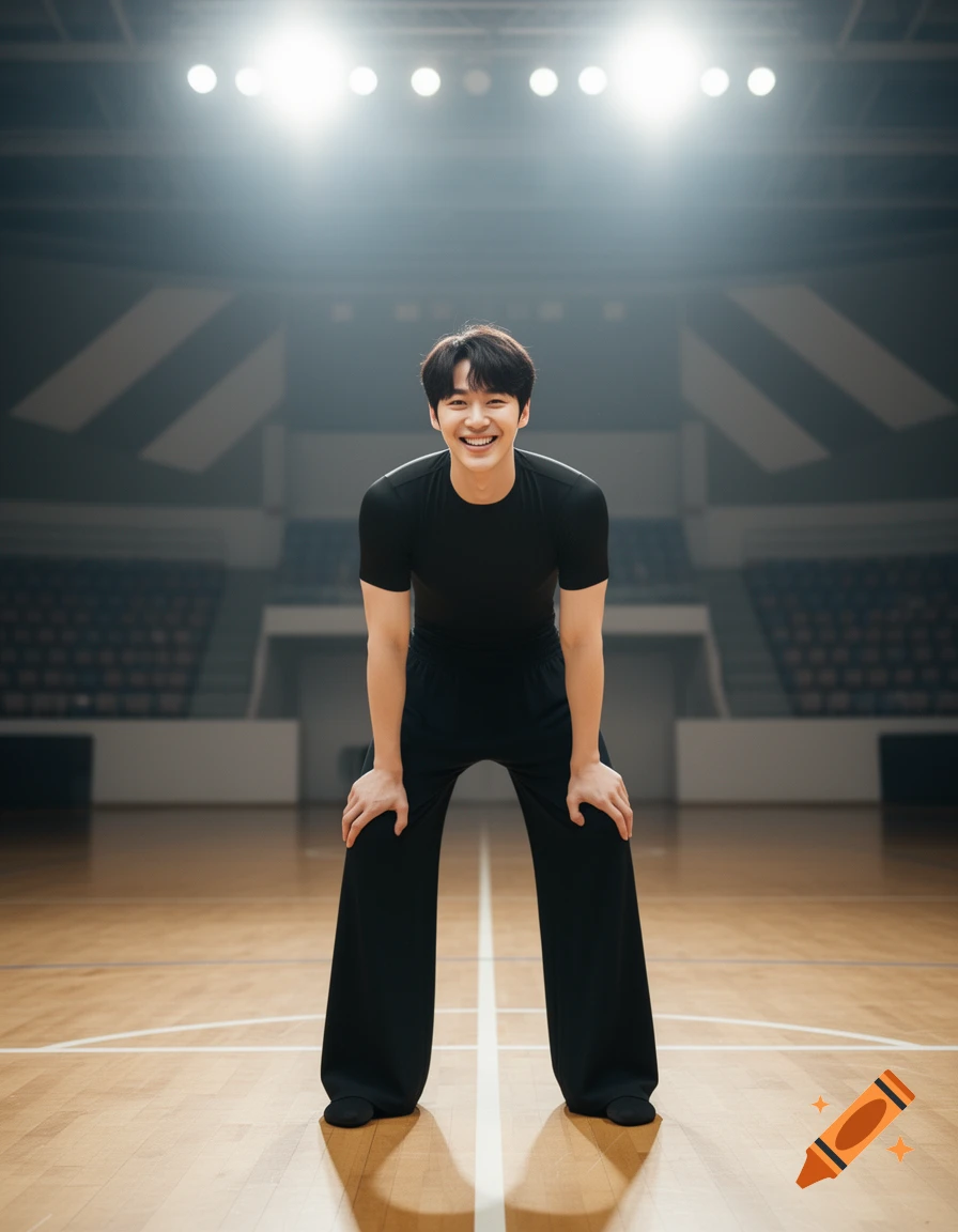 A smiling man in a black t-shirt and wide-leg pants leans forward with hands on his knees on a spotlighted basketball court.
