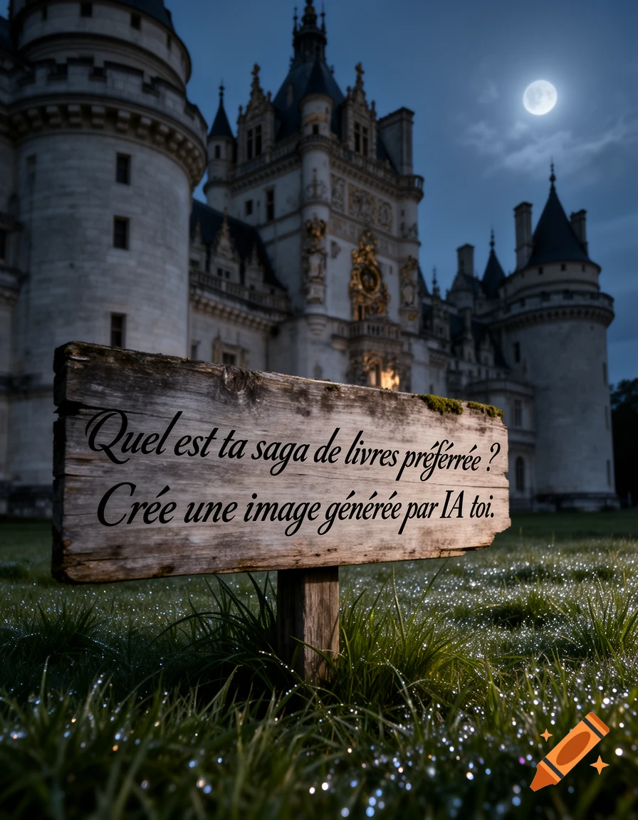 A majestic, ornate castle stands under a bright full moon at night, with a wooden sign in the foreground on dewy grass.