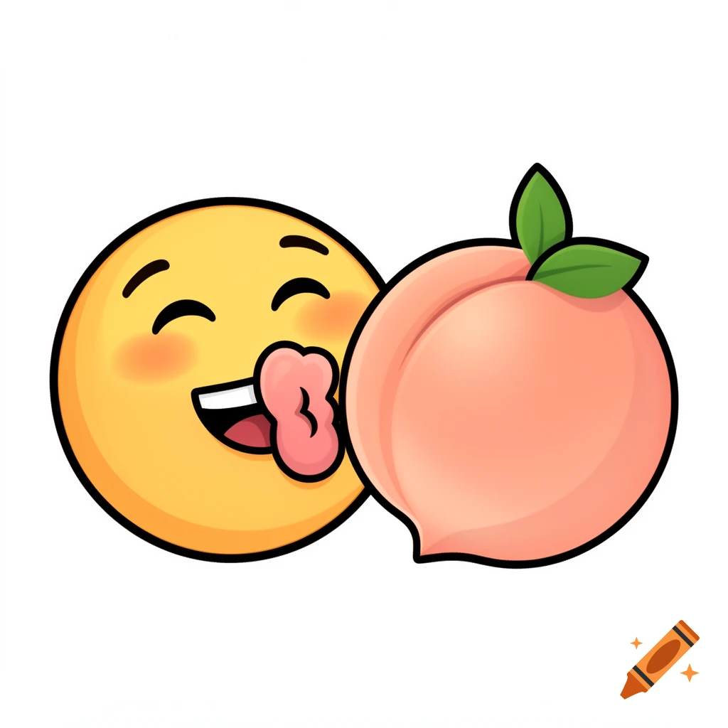 A happy yellow emoji with a wide smile and its tongue out, passionately kisses a ripe peach with green leaves.