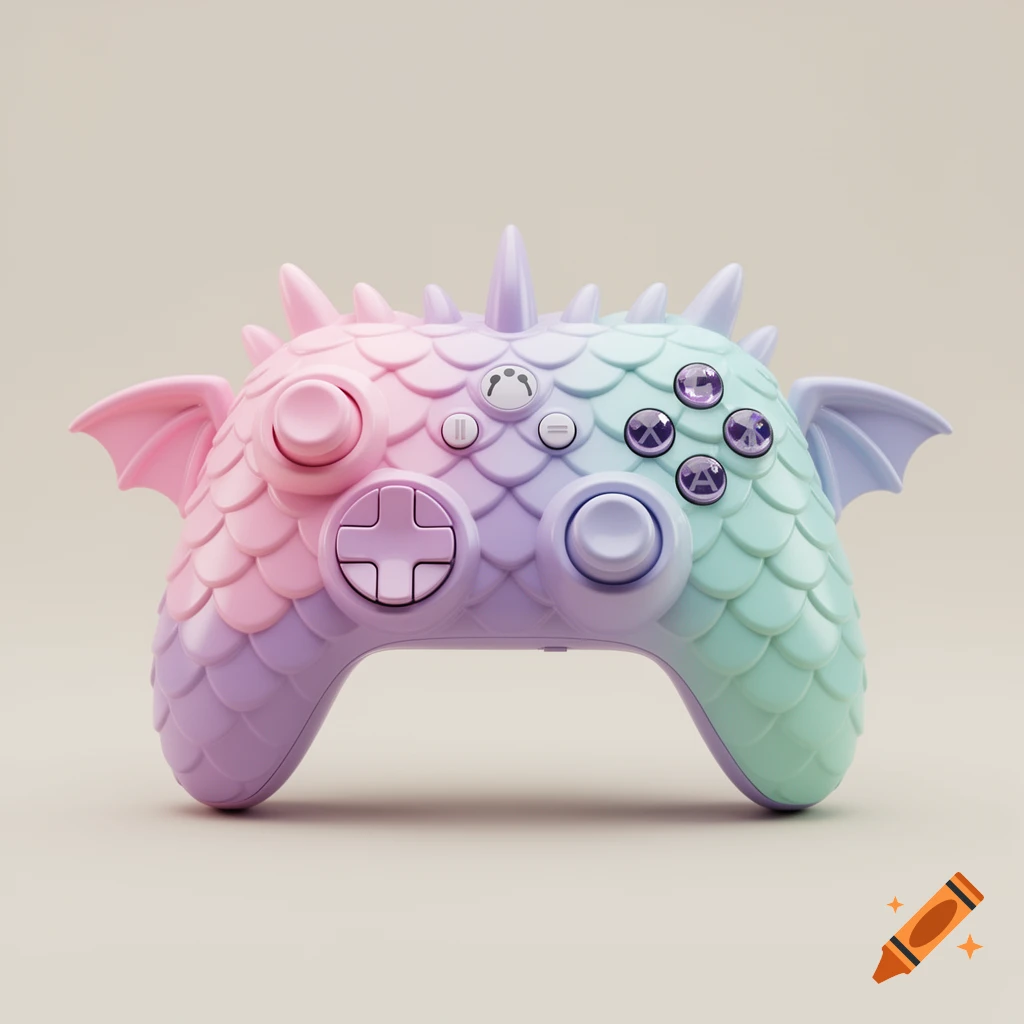A pastel pink, purple, and mint green dragon-themed video game controller with scales, spikes, and small wings.