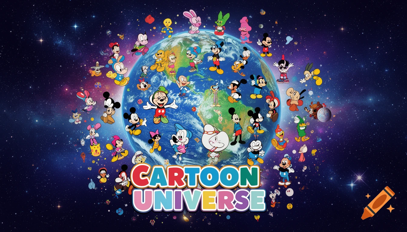 A colorful group of cartoon characters, many resembling Mickey Mouse, surrounding Earth in space with the text 'CARTOON UNIVERSE'.