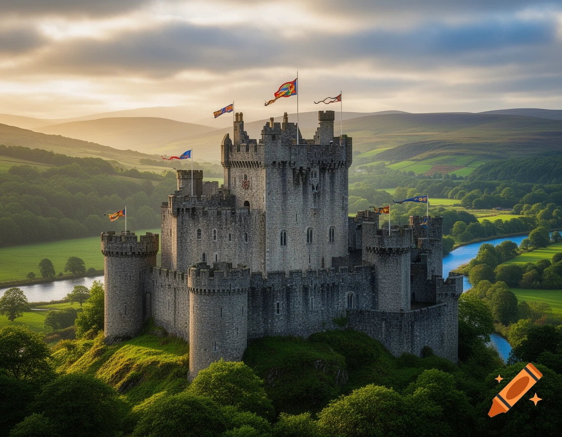 A majestic medieval castle with flags on a grassy hill, surrounded by lush green valleys and a winding river at sunset.