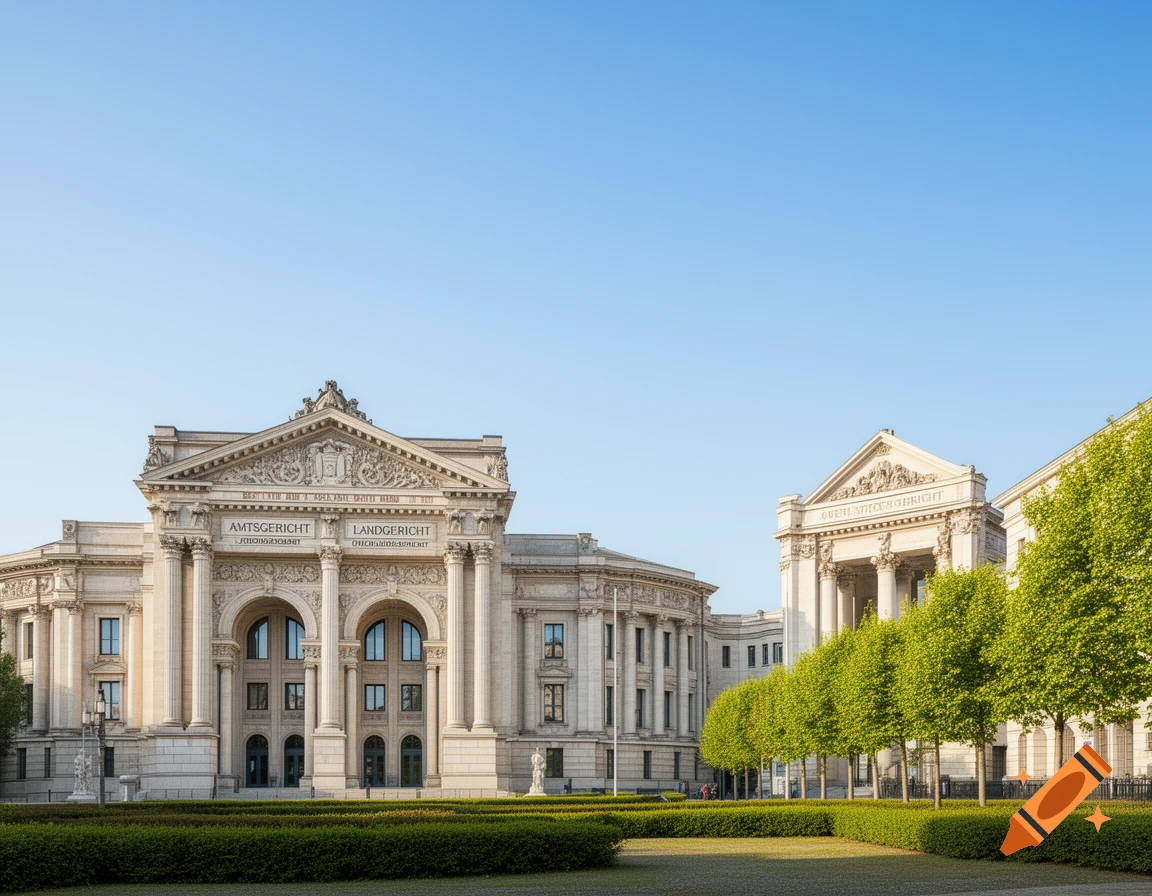 A grand, classical style courthouse building with ornate facades and columns under a clear blue sky, with manicured hedges and trees in the foreground.