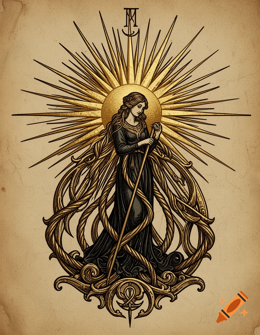 An aged parchment-style illustration of a serene shepherd woman in dark robes, holding a staff, encircled by glowing golden sunbeams and ornate, twisting golden cords on a dark medieval folklore background.