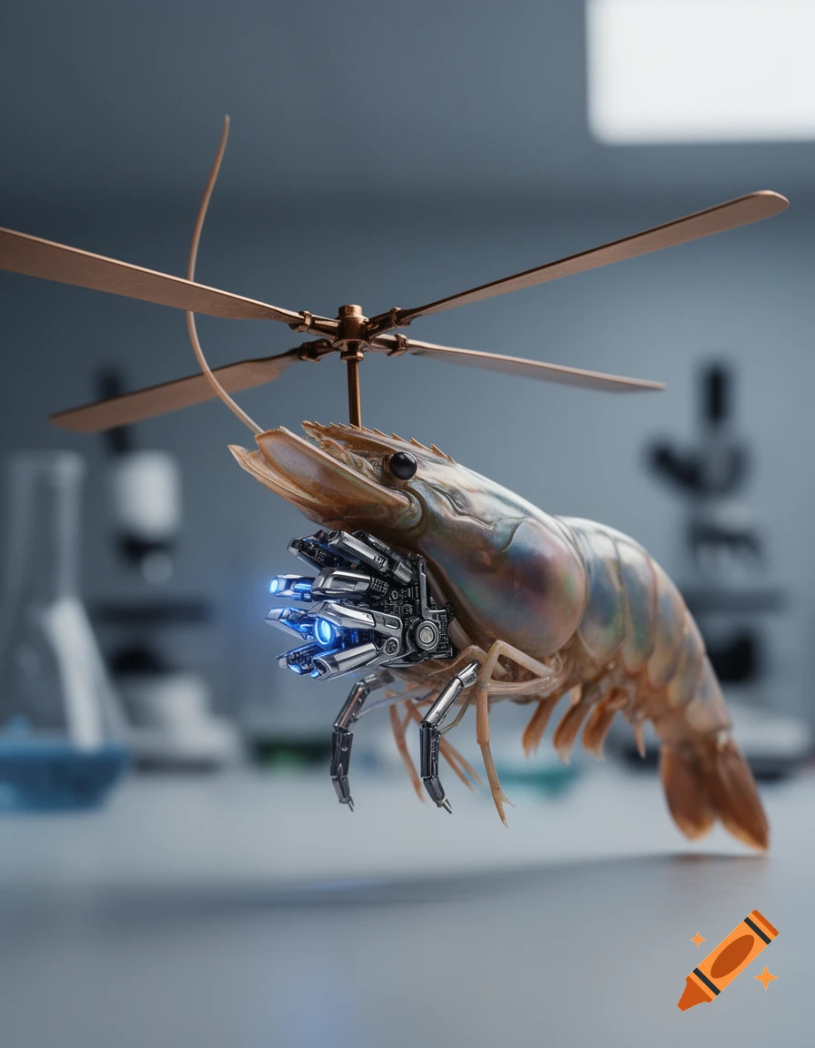 A detailed shot of a shrimp with a robotic mouth and helicopter blades mounted on its back, in a laboratory setting.